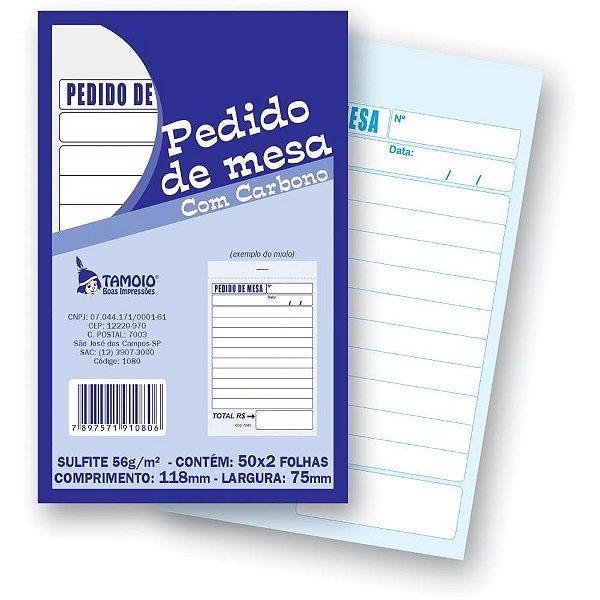 Impresso talao de pedido mesa 2 vias 50 folhas carbono - tamoio (pct.c/05)
