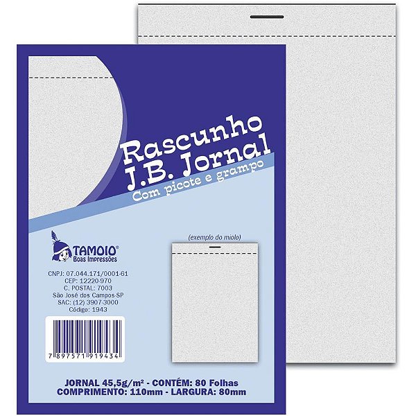 Bloco para rascunho jornal 80fls 80x110mm c/picote - tamoio (pct.c/05)