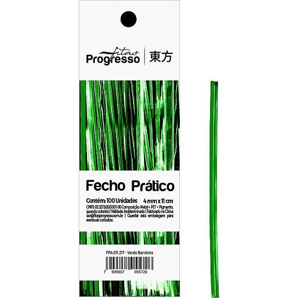 Fecho metalico verde bandeira 4mmx11cm. - fitas progresso (pct.c/100)