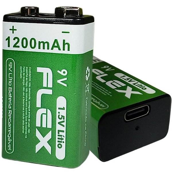 Pilha bateria 9v recarregavel bateria 1200mah usb-c - flex (bl.c/01)