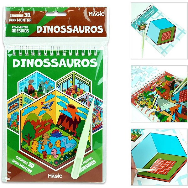 Livro com adesivos cenario 3d dinossauros 14x23cm - magic kids (unidade)