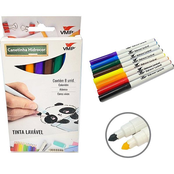 Caneta hidrografica 8 cores lavavel - v.m.p. (blister)