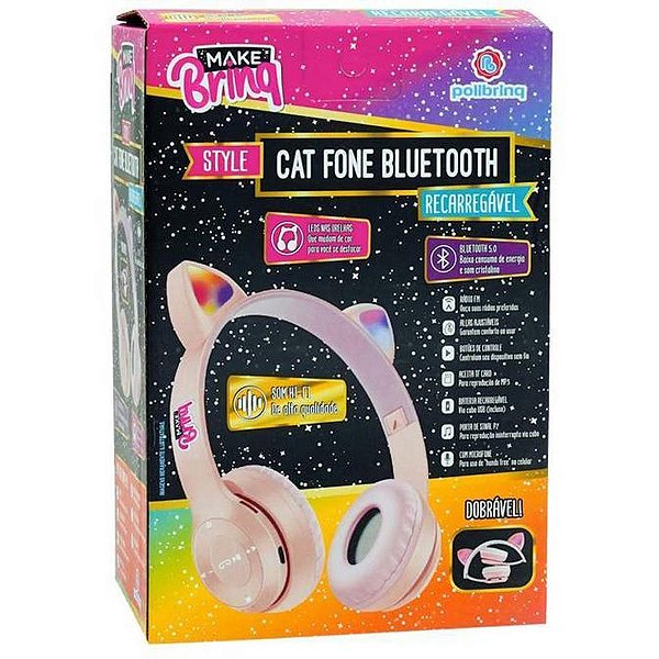 Fone de ouvido bluetooth make brinq cat dobravel c/luz/ - polibrinq (unidade)