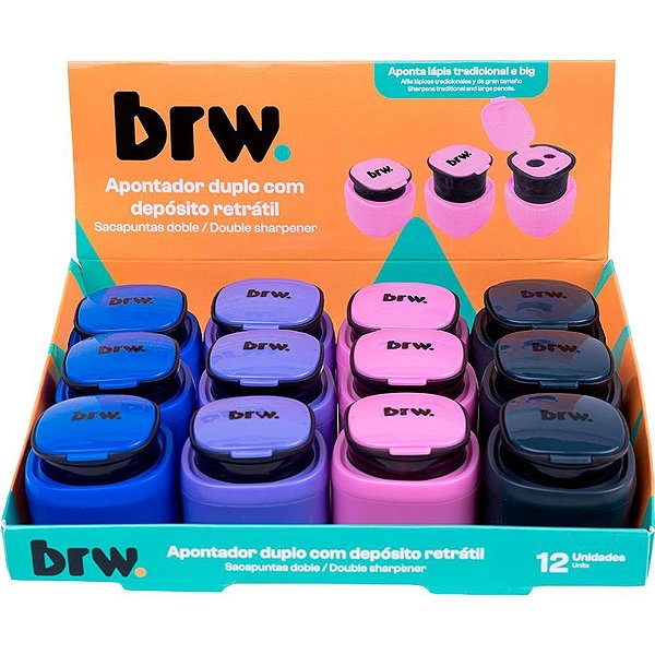 Apontador com deposito 2 furos plastico duplo retratil - brw (dp.c/12)