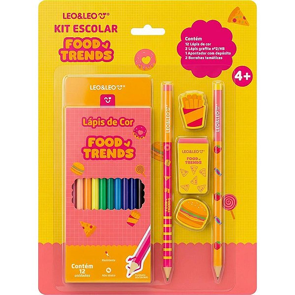 Kit escolar food trends 12 lapis de cor+5p - leonora (blister)