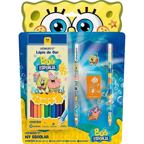 Kit escolar bob esponja 12 lapis de cor+5p - leonora (blister)