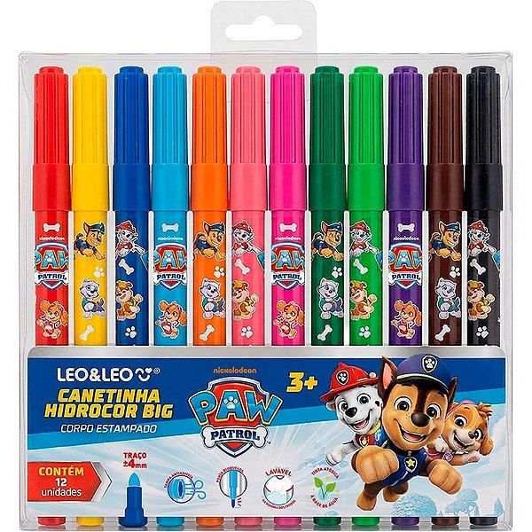 Caneta hidrografica jumbo patrulha canina 12 cores - leonora (estojo)