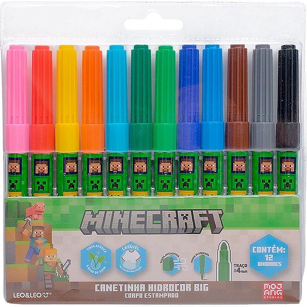 Caneta hidrografica jumbo minecraft 12 cores - leonora (estojo)