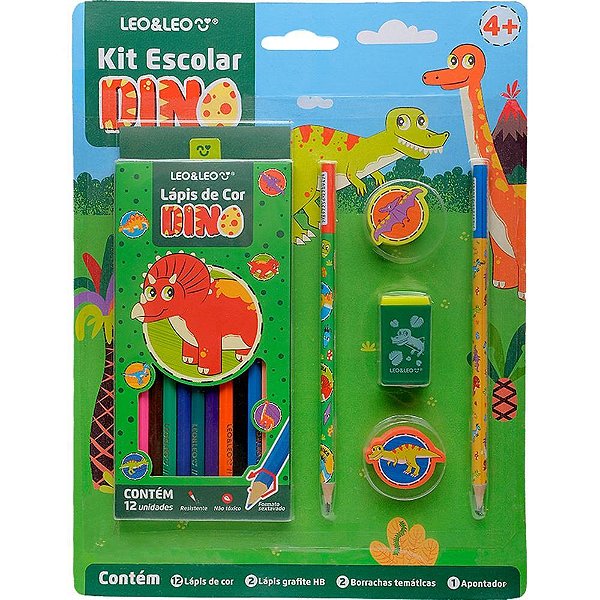 Kit escolar dino 12 lapis de cor + 5 peças - leonora (blister)