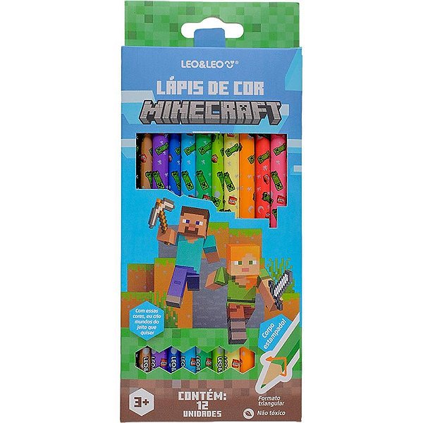 Lapis de cor triangular minecraft 12 cores - leonora (estojo)
