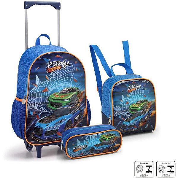 Mochila infantil com rodinha racing lancheira+estojo - seanite (kit)