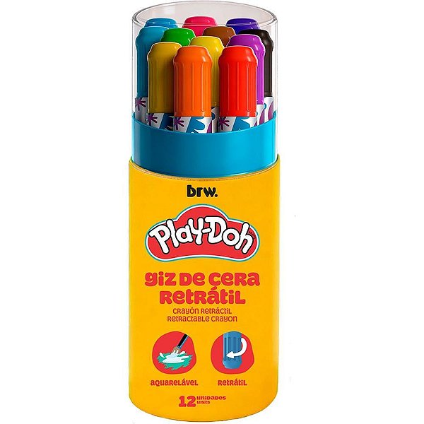 Giz de cera fino play-doh retratil 12 cores - brw (pote-12)