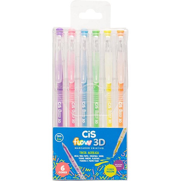 Marcador artistico cis flow 3d 6 cores neon - sertic (estojo)