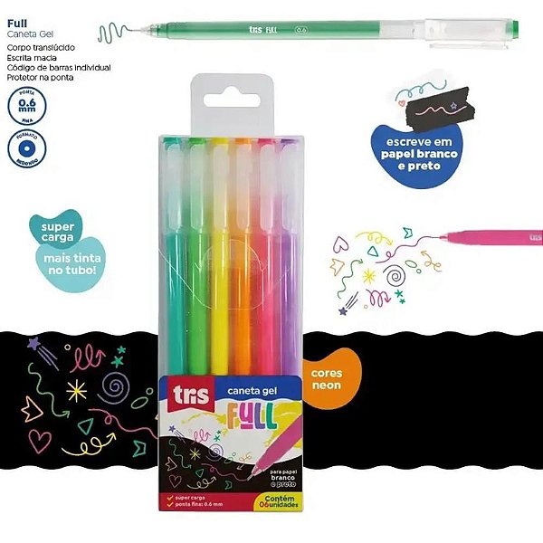Caneta gel tris full neon 0.6mm 6 cores - summit (estojo)