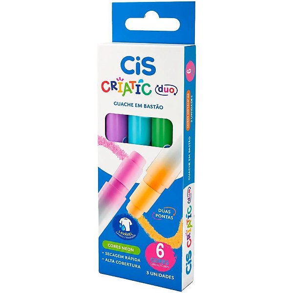 Tinta guache cis duo bastao 2pont/6cor neon - sertic (estojo)