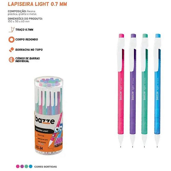 Lapiseira 0.7mm bazze light 4 cores c/borracha - summit (pote-24)
