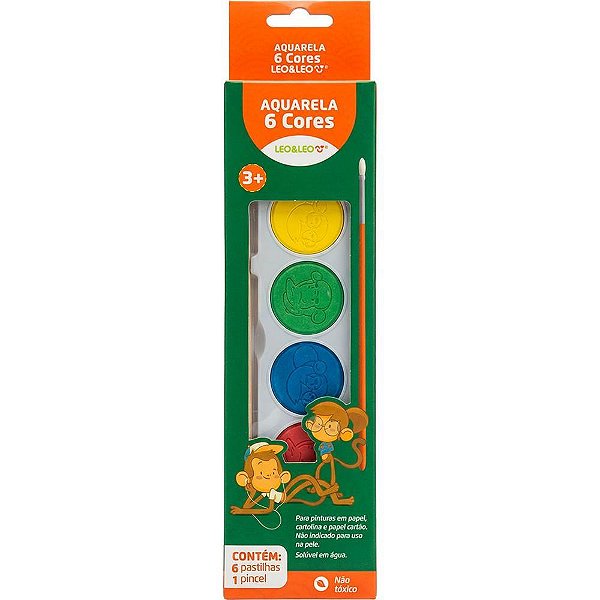 Aquarela escolar leo e leo c/pincel 6 cores - leonora (pct.c/12)