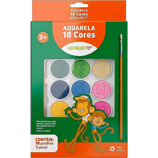 Aquarela escolar leo e leo c/pincel 18 cores - leonora (pct.c/06)
