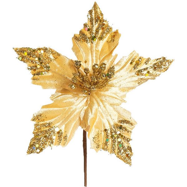 Artigo para decoracao natal enfeite flor poinsetia ouro - cromus (pct.c/24)