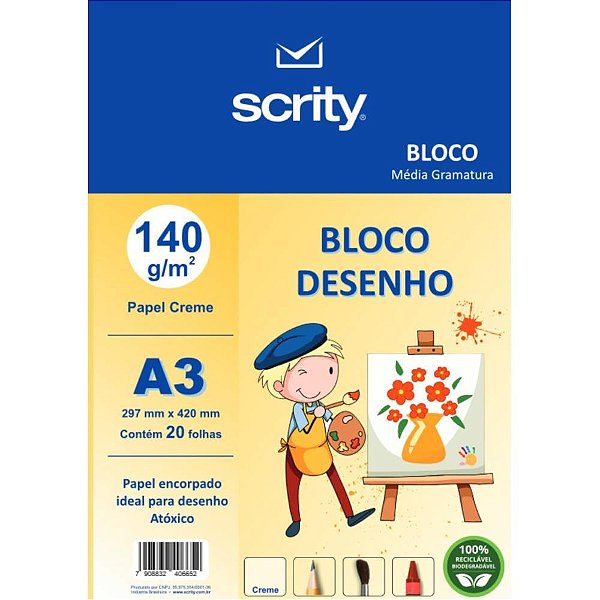 Bloco tecnico sem margem desenho a3 creme 140g 20fls. - scrity (pacote)