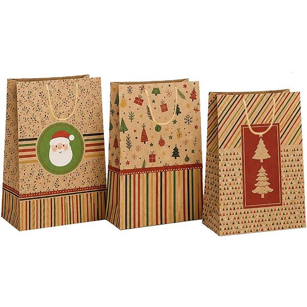 Sacola para presente natal kraft 29x40x12cm (sortido) - cristina (pct.c/12)