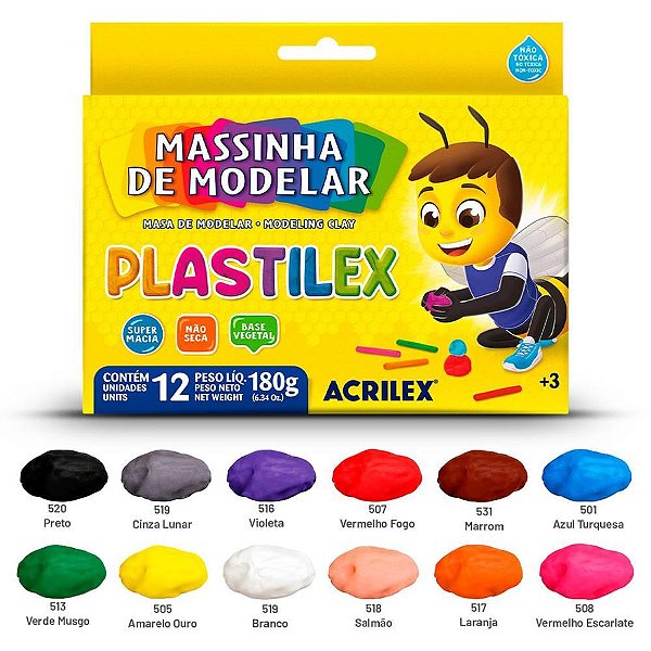 Massa para modelar plastilex 12 cores 180g. - acrilex (pct.c/12)