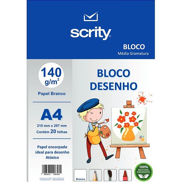 Bloco tecnico sem margem desenho a4 branco 140g 20fls - scrity (pacote)