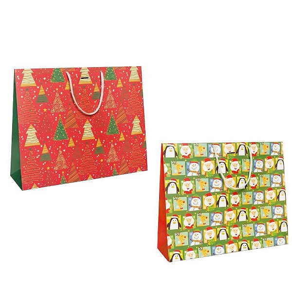 Sacola para presente natal horizontal 40x32x12cm (sortido) - cristina (pct.c/12)