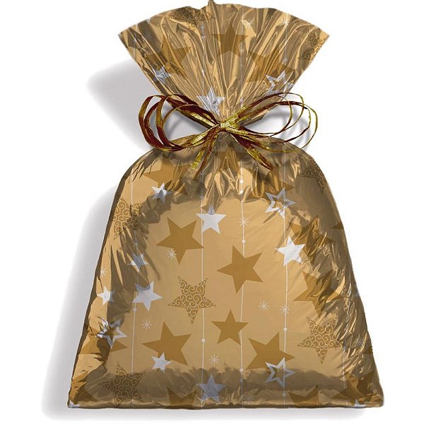Saco metalizado de natal 23x35cm stars ouro - xingo embalagens (pct.c/50)
