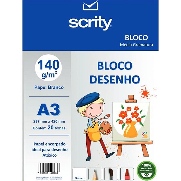 Bloco tecnico sem margem desenho a3 branco 140g 20fls. - scrity (pacote)
