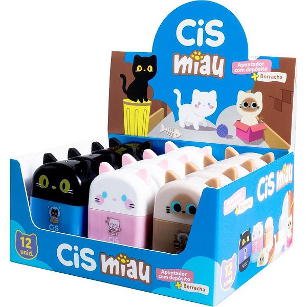 Apontador com deposito decor. cis miau c/borracha 3mod (sortido) - sertic (dp.c/12)