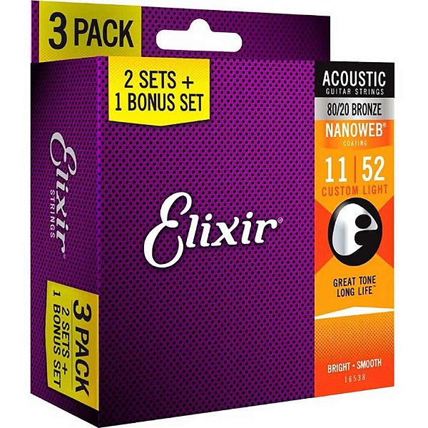 Kit Encordoamento Violão Aço Elixir 011 80/20 Leve 3 Pague 2