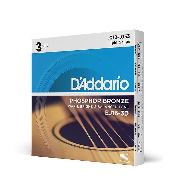 Kit Encordoamento Daddario Violão Aço 012 Phosphor Bronze Ej16 Com 3