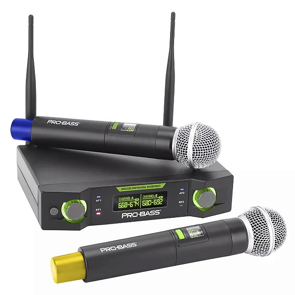Microfone Sem Fio Pro Bass Duplo UHF UF 224 Digital Multi Frequencias