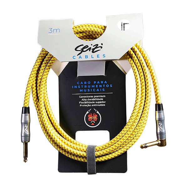 Cabo Seizi Para Guitarra Violão Baixo P10L 3m Têxtil Amarelo Marrom