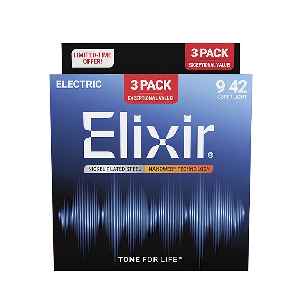 Kit Encordoamento Guitarra Elixir 009 042 Nanoweb Super Light Pack 3