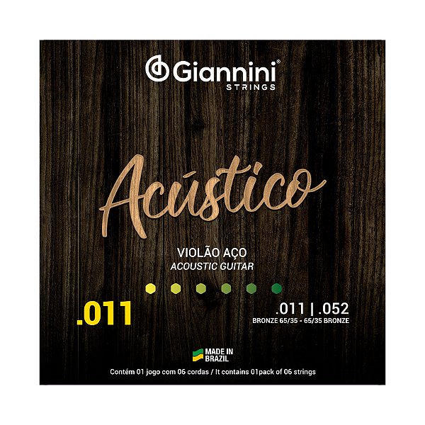Encordoamento Giannini Violão Aço 6 cordas 011 052 Acústico Bronze 65/35 GESPW