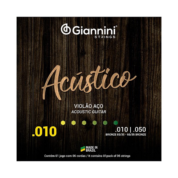 Encordoamento Giannini Violão Aço 6 cordas 010 050 Acústico Bronze 65/35 GESWAM
