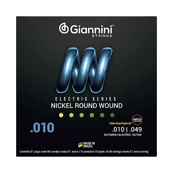Encordoamento Giannini Guitarra 010 049 Nickel Round Wound Híbrida GEEGSTH10