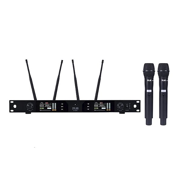 Microfone Sem Fio Dylan D-9500 Duplo Mão True Diversity Rack Uhf Com 4 Antenas e 2 Bastões