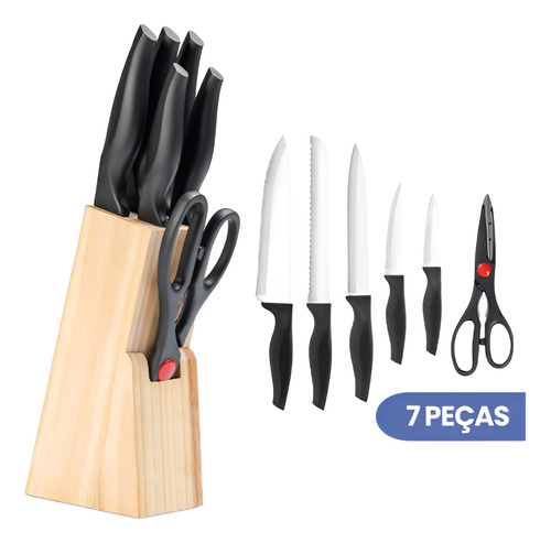 Jogo De Facas Aço Inox Com Suporte 7 Peças Cepo Madeira