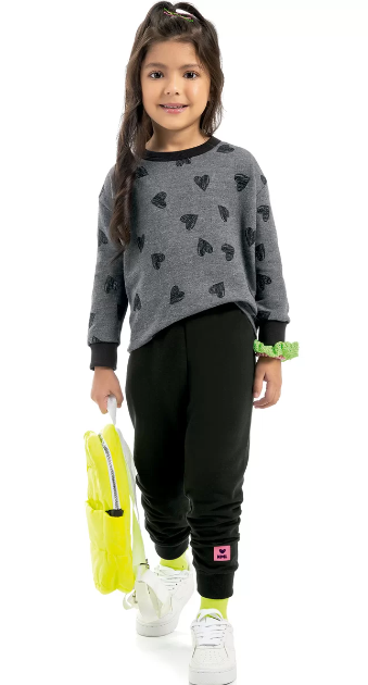 Conjunto em Moletinho Infantil Menina Corações Mescla
