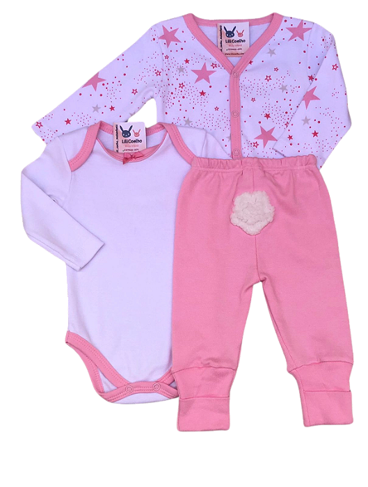 Kit Menina 3 Peças Bebê Manga Longa Rosa