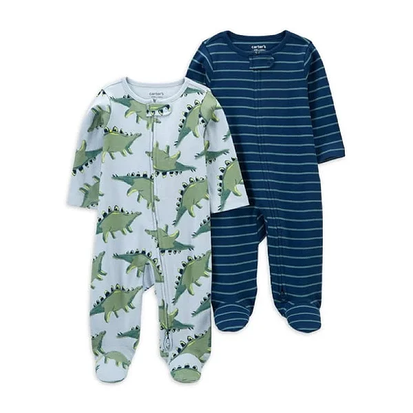 Kit Macacão Carters child of mine, 2 pecas Dinossauro e Listras Azul - 3-6M