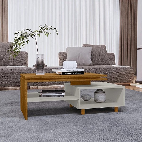 Mesa de Centro Decorativa Lima para Sala Tampo Duplo Design Moderno - Naturalle/Off