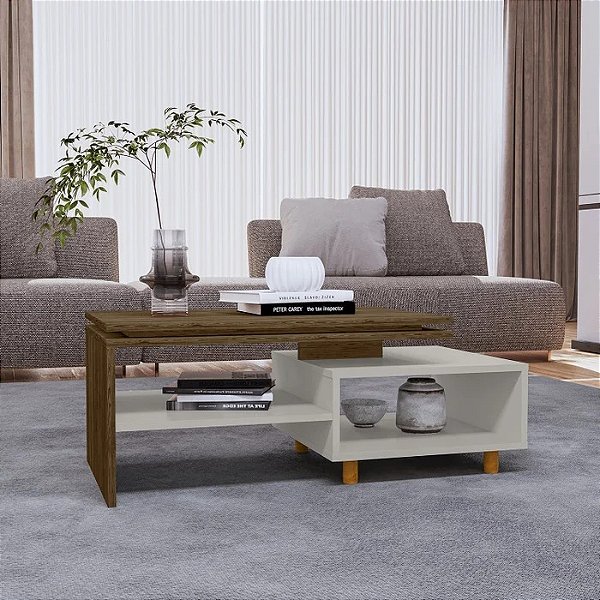 Mesa de Centro Decorativa Lima para Sala Tampo Duplo Design Moderno - Ipê/Branco