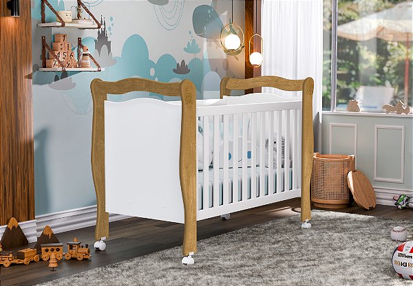 Berço Mini Cama Padrão Americano Com Suporte Mosquiteiro E Rodízios Alvin - Branco/Naturalle