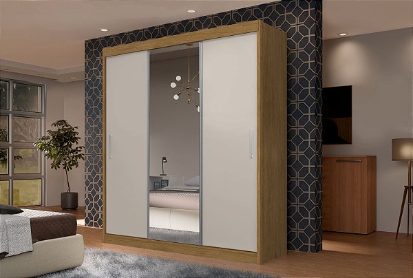 Guarda Roupa 3 Portas 4 Gavetas com Espelho Madri - Naturalle - JA Moveis