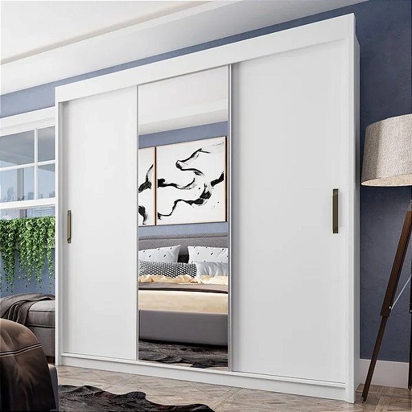 Guarda Roupa 3 Portas 4 Gavetas com Espelho Madri - Branco  -  JA Móveis