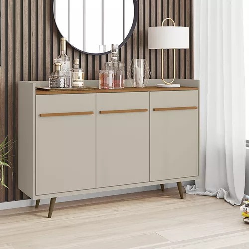 Aparador Buffet Retrô Quartzo 3 Portas e Prateleira Ajustável - OFF/NAT